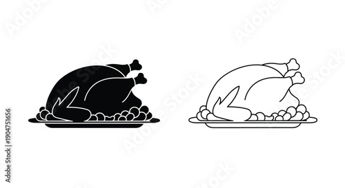 Two roasted turkey depictions one solid and one outlined silhouette