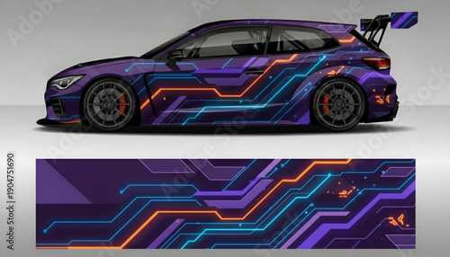 Luxury sports car with a custom fluid marble wrap design in red, gold, and white.