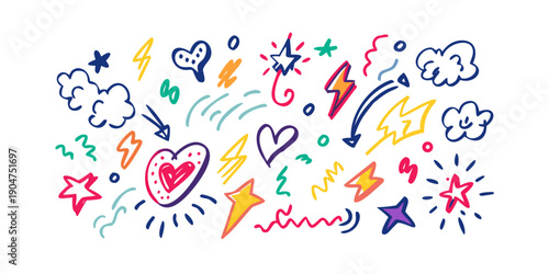 A vibrant and colorful collection of various shapes and symbols floating in the air Vector