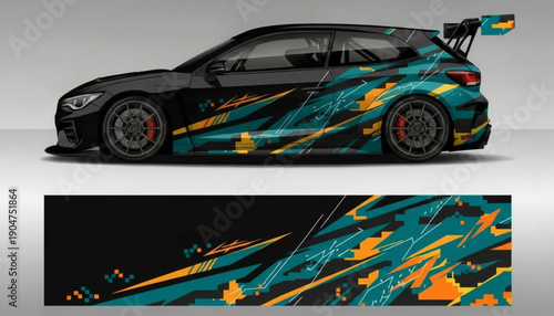 Sporty black hatchback car with a dynamic teal and orange abstract graphic vinyl wrap design.