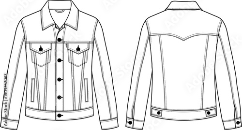 Denim Jacket Technical Fashion Sketch Template Showing Front and Back Views with Pockets and Buttons for Apparel Design Layout