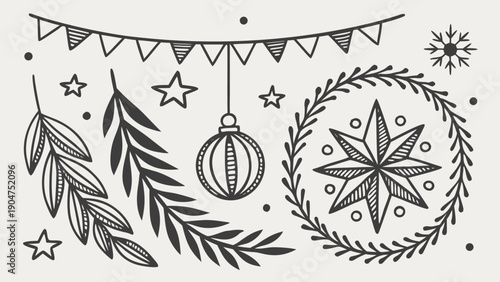 Hand drawn christmas decorations with festive banner bauble star wreath and fir branches