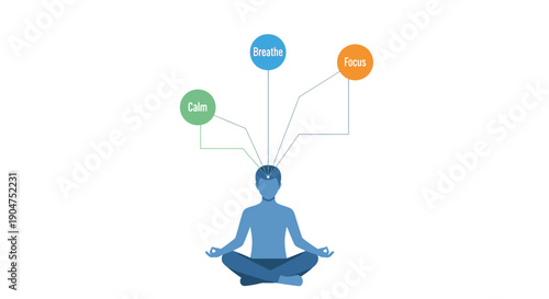 Mindful Meditation Infographic: Calming the mind through Breathe and Focus techniques for mental clarity and well-being.