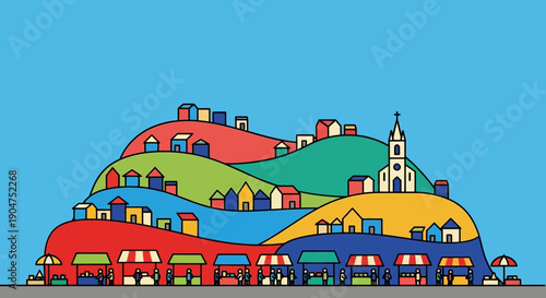 Vibrant cartoon depiction of a bustling hillside marketplace with colorful stalls and buildings under a bright blue sky, evoking a lively community atmosphere and local commerce