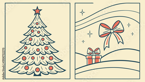 Vintage style christmas tree and gift box illustrations for holiday greeting cards