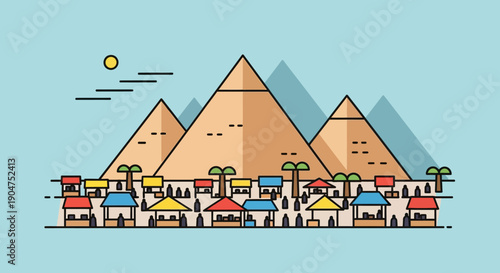 Flat design illustration of iconic ancient pyramids in Egypt with a bustling marketplace and palm trees under a clear blue sky, perfect for travel and cultural themes