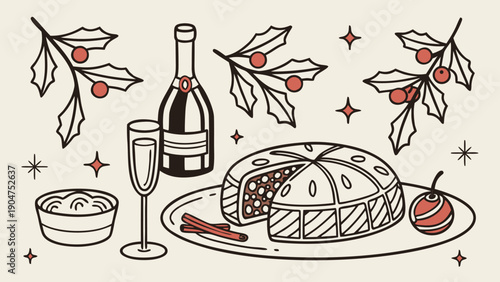 Festive christmas holiday illustration with champagne bottle glass cake and holly branches