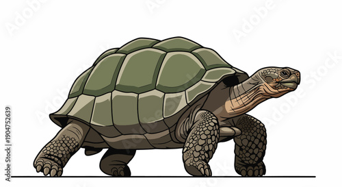 A green and brown tortoise walking on a line against a white background with a cartoonish style and earthy tones.