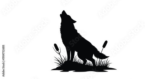 A howling wolf stands amidst reeds and grass a striking silhouette