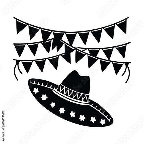 Mexican Sombrero and Bunting Flags Silhouette fiesta party