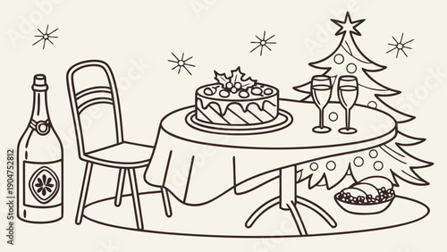 Hand drawn festive holiday celebration scene with a christmas tree, champagne, and a cake on a round table.