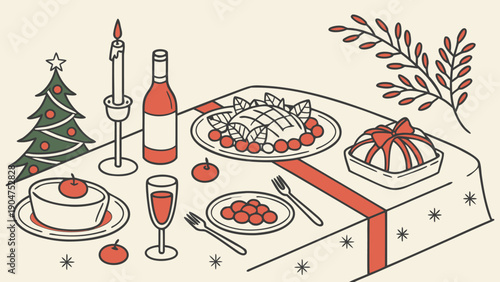 Illustration of a festive christmas dinner table setting with food wine and a tree.