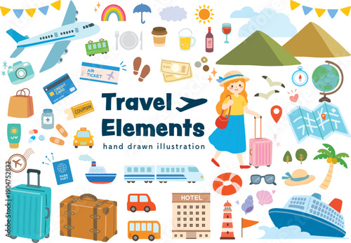 旅行・お出かけのかわいい手描きイラストセット　トラベル・観光・アイコン