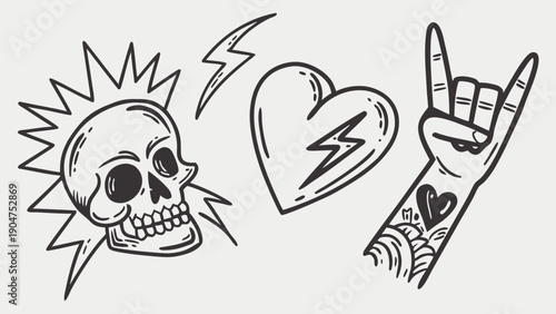Hand-drawn rock and roll illustrations featuring a skull, a heart with a lightning bolt, and a hand.