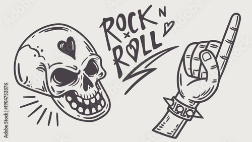 Vintage style rock and roll illustration featuring a skull with a heart and a pointing hand