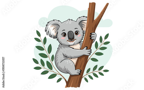 A cute cartoon koala bear climbing a tree branch with green leaves in a minimalist vector illustration