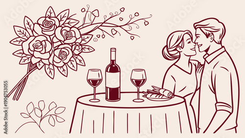 Romantic line art illustration of a couple sharing a dinner with wine and a bouquet of roses