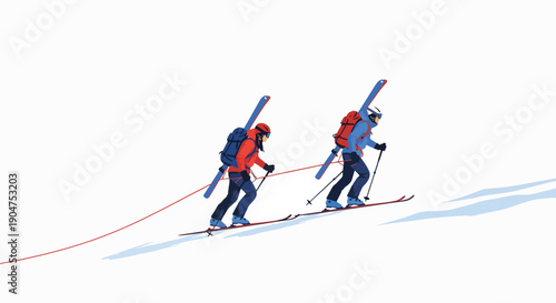 Two skiers skiing in tandem on a snowy slope with blue shadows and red ski ties.