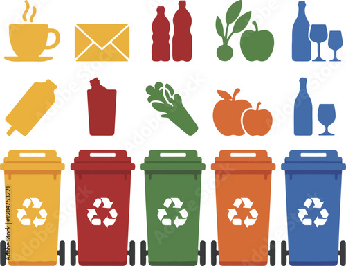 Recycling concept with sorted waste categories and appropriate color-coded bins for disposal collection.