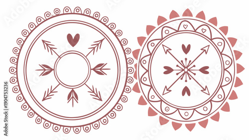 Two separate circular frames with pink ornamental details featuring radial arrows and small heart symbols arranged on a clean white background.