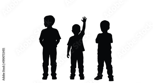 Three children stand together one raising a hand silhouette
