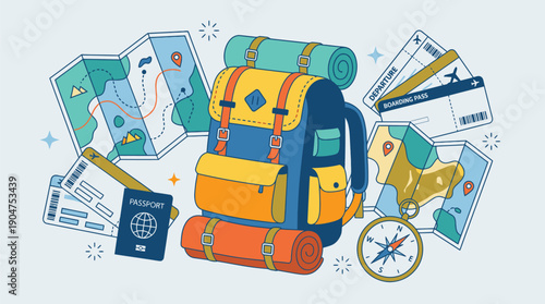 Travel Backpack with Accessories and Documents.