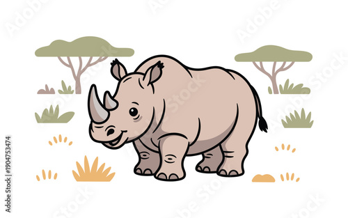 A cartoon rhinoceros stands in a savannah landscape with trees and grass