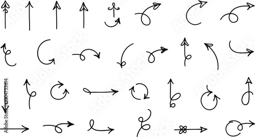 Hand drawn doodle arrow set, vector sketch collection of direction pointers, curly swish lines, ink brush elements for infographic and design.