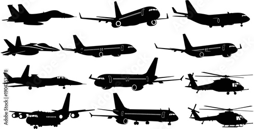 Aircraft silhouette collection featuring commercial passenger airplanes, military fighter jets, transport planes, and helicopters isolated on white background for aviation design