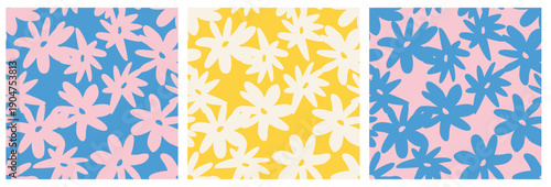 Pastel daisy seamless pattern set in pink, yellow and blue on light backgrounds. Great for fabric, wallpaper, wrapping, stationery, packaging and branding. Fresh summer vibe. bold floral repeat.