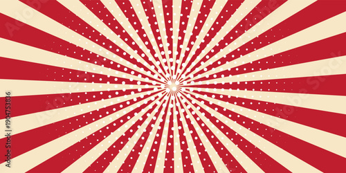 Circus background and spiral retro rays vector pattern. Vintage poster of red white sun or star burst radial