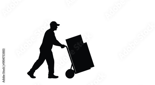 Man pushing a hand truck with boxes distinct black silhouette