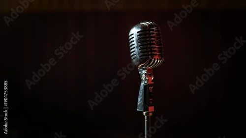 Extreme Close-Up Vintage Microphone on Dark Concert Hall Background
