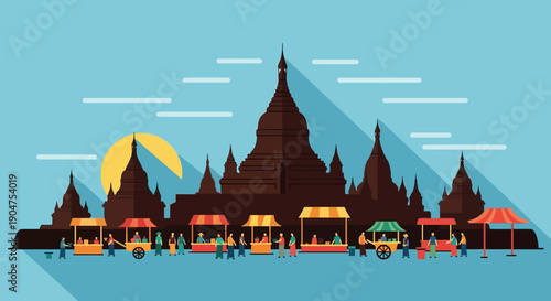 Silhouetted ancient temple complex with traditional market stalls and people enjoying the vibrant atmosphere under a bright sun, showcasing cultural tourism