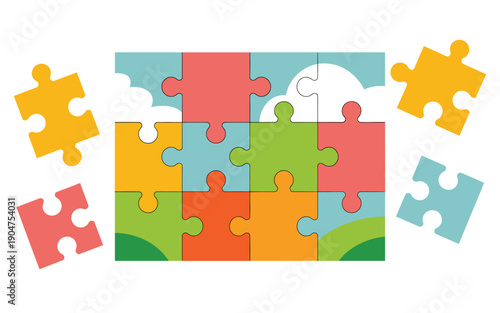 A colorful puzzle with scattered pieces on a white background