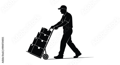Delivery worker pushing boxes on a hand truck silhouette