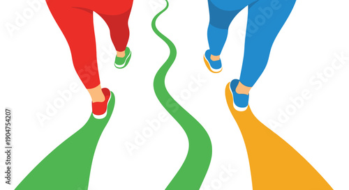Colorful Runners Jogging on a Winding Path: Flat Vector Illustration of Progress, Competition, and Healthy Lifestyle Concept