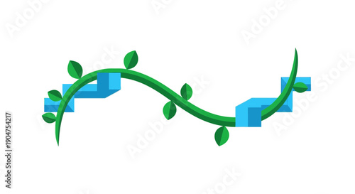 Sustainable Growth Path Vector. Green Vine Climbing Blue Geometric Steps. Environmental Progress and Development Concept.