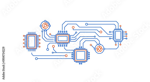 Microchip Connection Diagram: Abstract Circuit Board Line Art showing Data Flow, Electronic Components, and Processor Technology Infrastructure.