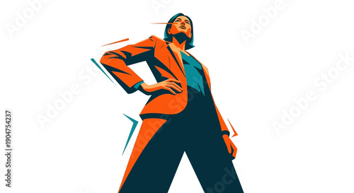 Confident Woman Boss in Power Suit Vector Illustration. Low-Angle Hero Shot of Female Leadership, Ambition, and Corporate Success.