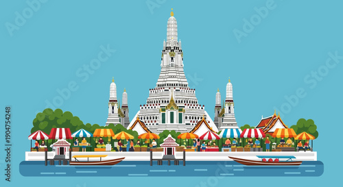 Illustrative cityscape featuring the iconic Wat Arun temple in Bangkok, Thailand, bustling with market stalls and boats along a vibrant riverfront, capturing the essence of Thai culture and tourism