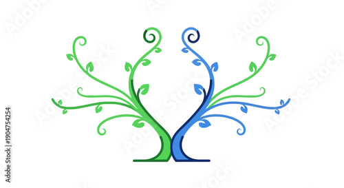 Symmetrical Green and Blue Vine Logo. Abstract Duo-Color Plant Icon Symbolizing Duality, Synergy, Nature, and Growth.