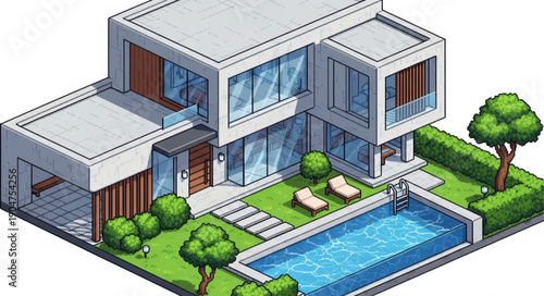 Modern Isometric House with Swimming Pool and Lush Green Garden.