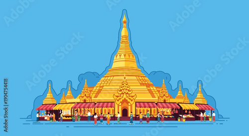 Golden Pagoda Landmark Illustration with Busy Market Stalls and People in a Vibrant Cultural Scene - Southeast Asian Travel Destination