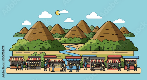 A scenic vibrant outdoor marketplace with numerous stalls set up along a river in a valley surrounded by lush green trees and rolling brown mountains under a bright sunny sky with fluffy white clouds