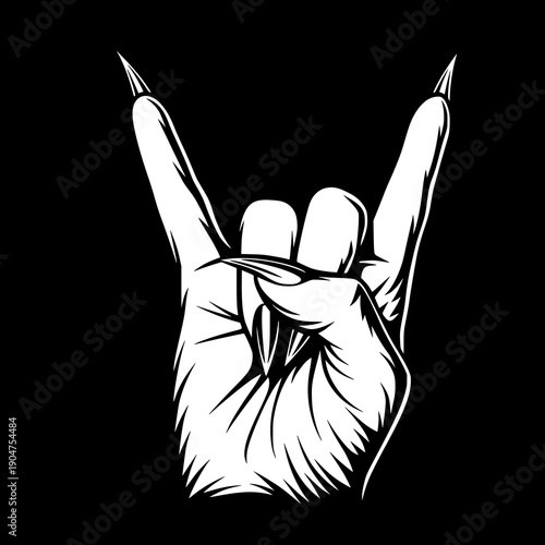 A black and white hand shows a rock gesture expressing music rebellion freedom attitude and strong energy in a bold graphic illustration on a dark background.