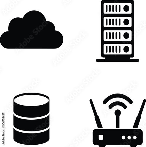 Four black of cloud server database and router
