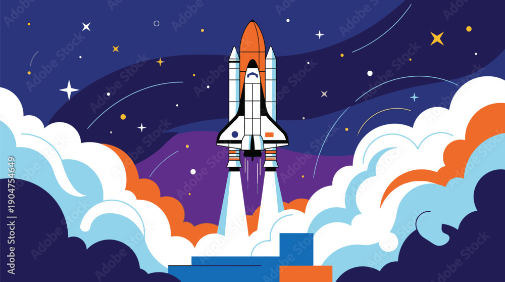 Fototapeta premium Rocket Launch in Space with Bright Flames and Smoke.