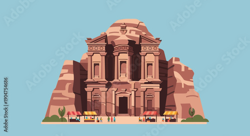 Ancient Treasury facade from Petra, Jordan carved into sandstone cliff, a UNESCO World Heritage Site with bustling marketplace below, perfect for travel and history enthusiasts