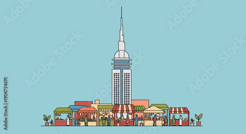 Vibrant cityscape illustration featuring a central skyscraper surrounded by a lively marketplace with numerous stalls and diverse shoppers engaged in commerce